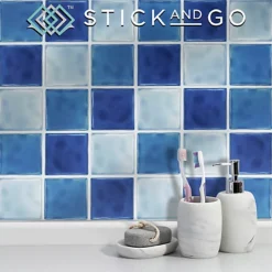Stick And Go Self Adhesive Stick On Tiles Blue Mix 4" X 4" Box Of 18 Apply Over Any Tile, Or Directly On To The Wall